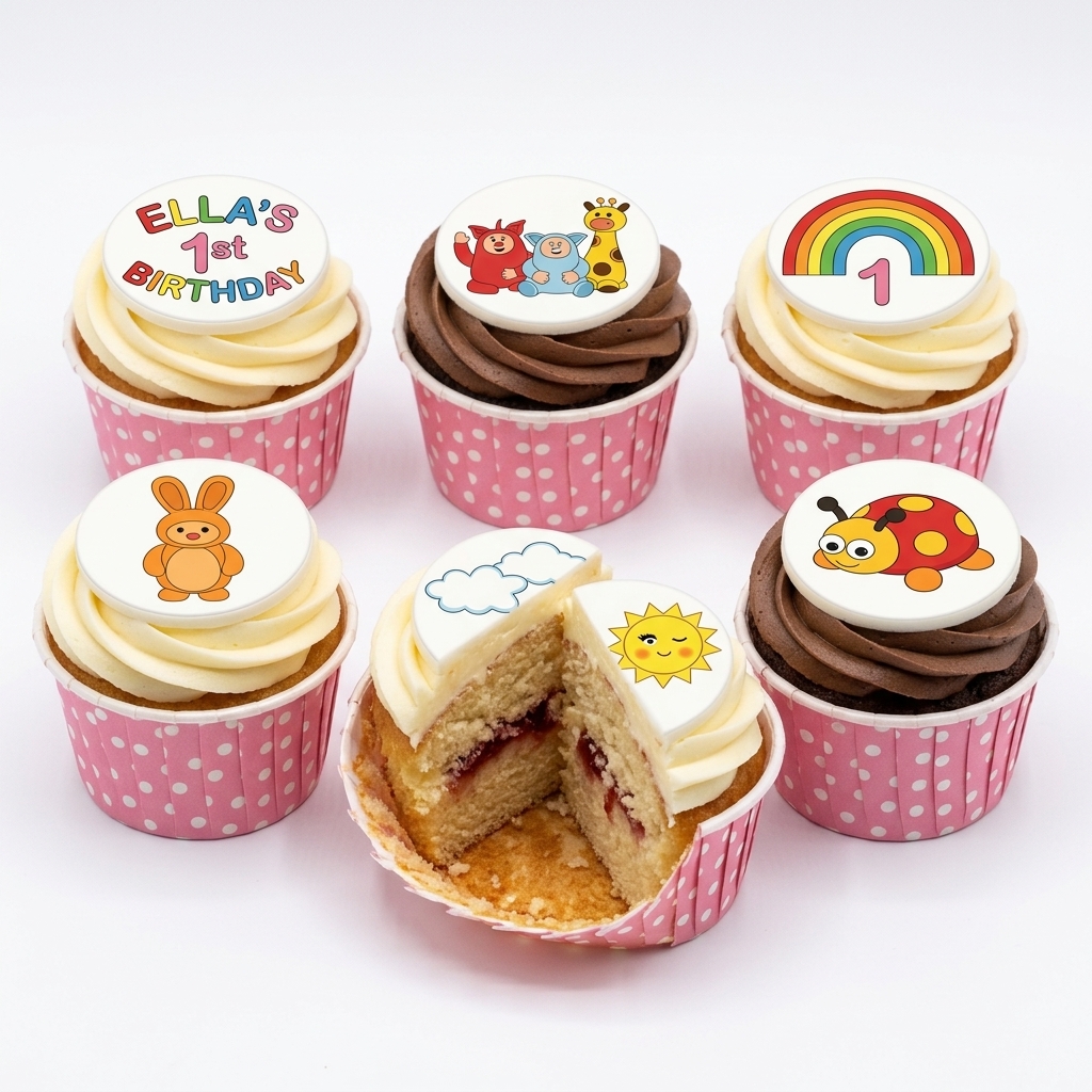 1st Birthday Cupcakes with Animal & Rainbow Toppers