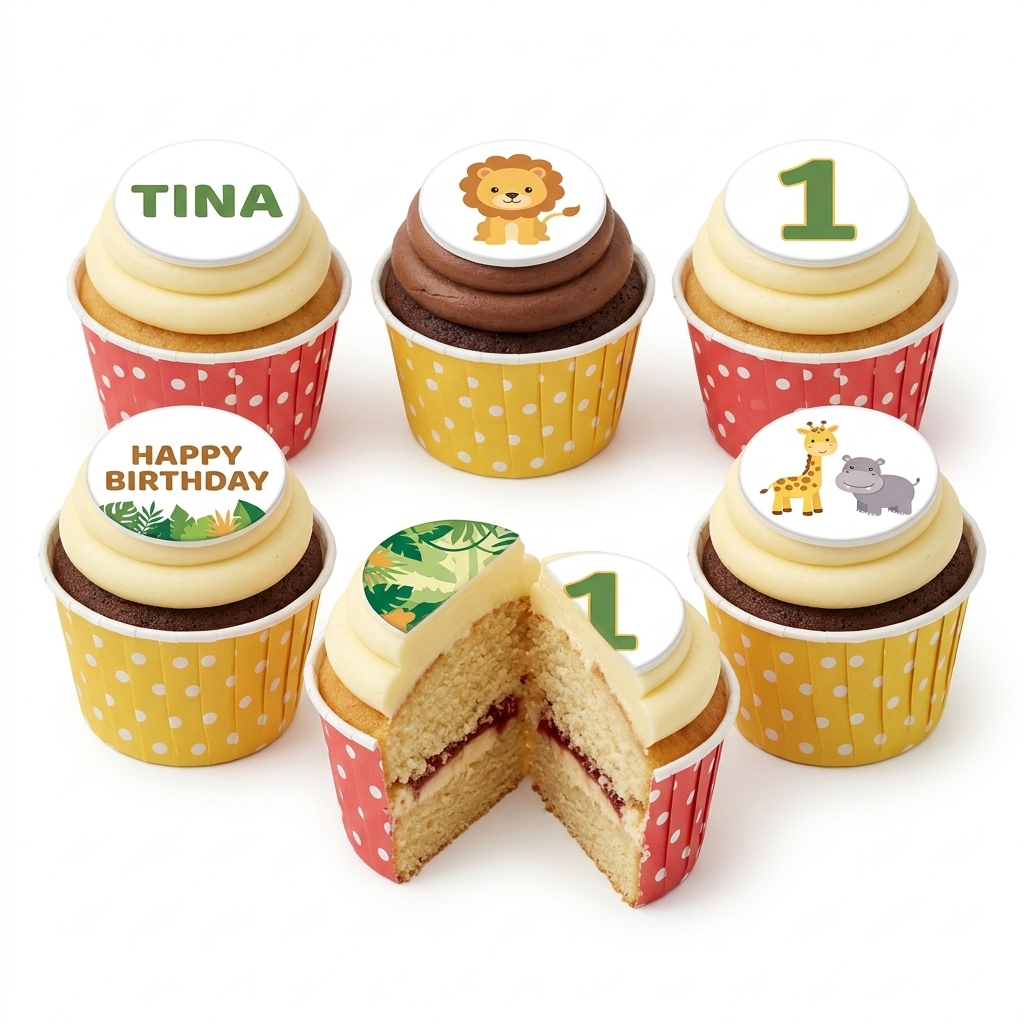 Jungle Animal Theme Birthday Cupcakes with Custom Toppers