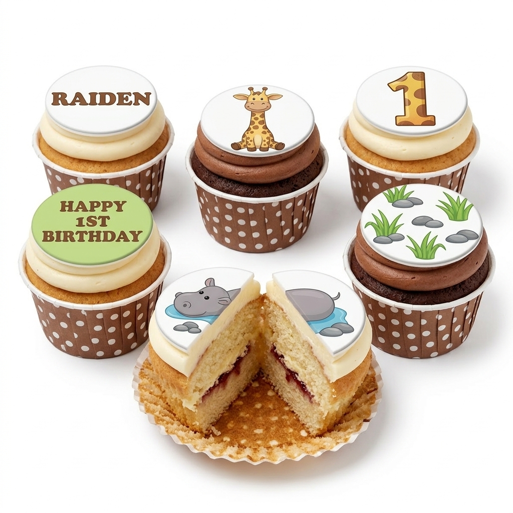 Jungle Theme Birthday Cupcakes with Custom Age Toppers