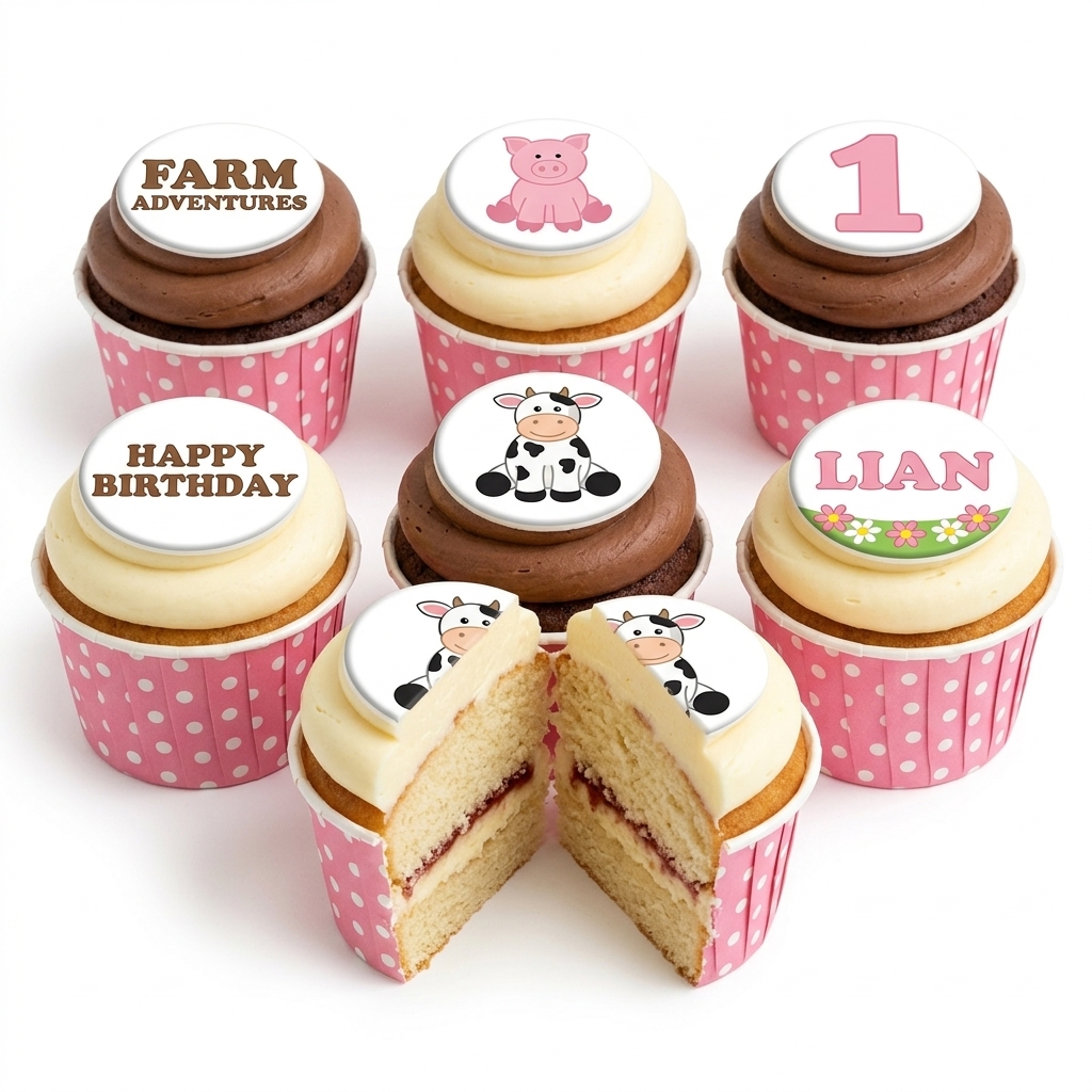 Farm Animal Birthday Cupcakes with Custom Age & Name