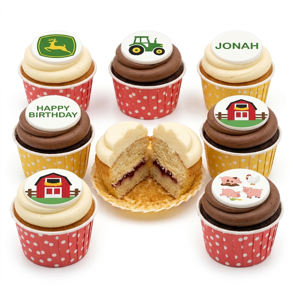 Farm Theme Birthday Cupcakes with Personalised Toppers