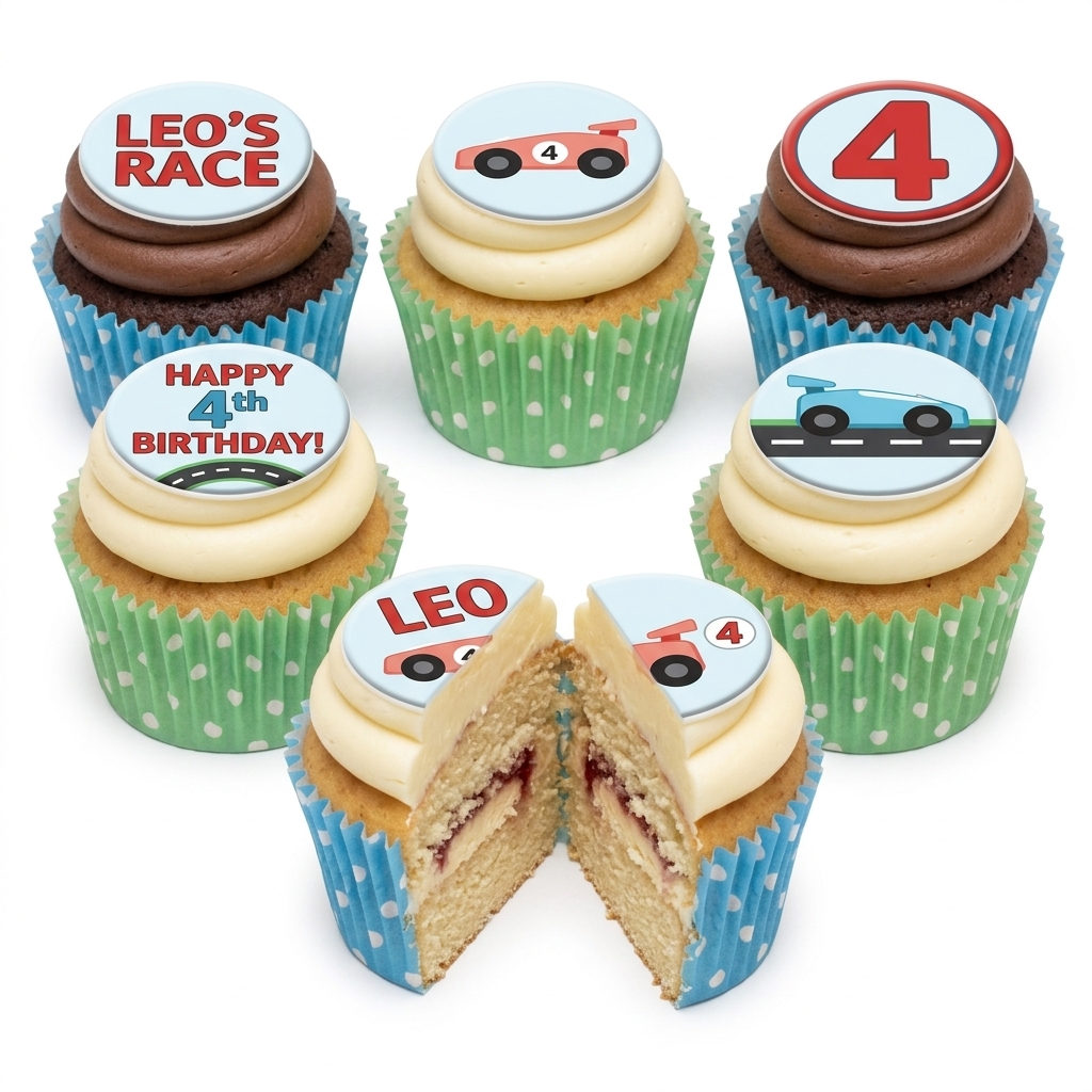 Racing Car Birthday Cupcakes with Custom Age Topper
