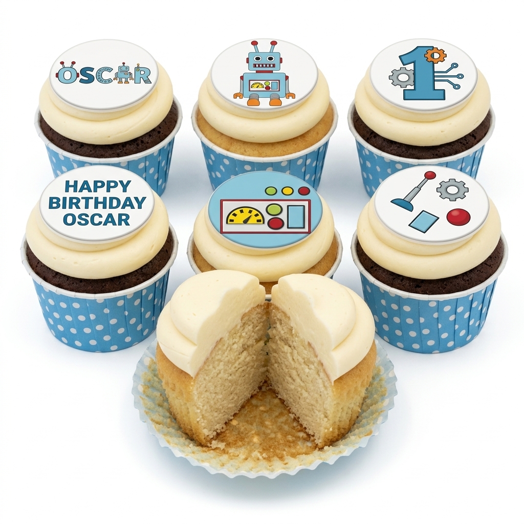 Robot Birthday Cupcakes with Custom Age Topper