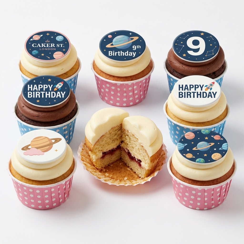 Space Theme Birthday Cupcakes with Custom Age Toppers