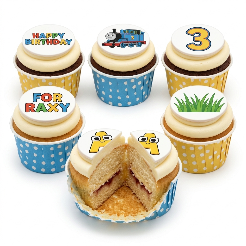 Thomas the Tank Engine Birthday Cupcakes with Custom Toppers