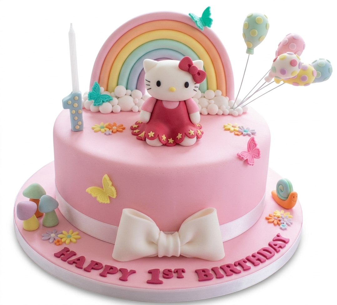 Hello Kitty 1st Birthday Cake with Rainbow & Balloons