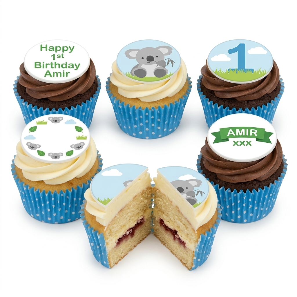 Cute Koala Birthday Cupcakes with Custom Age Topper
