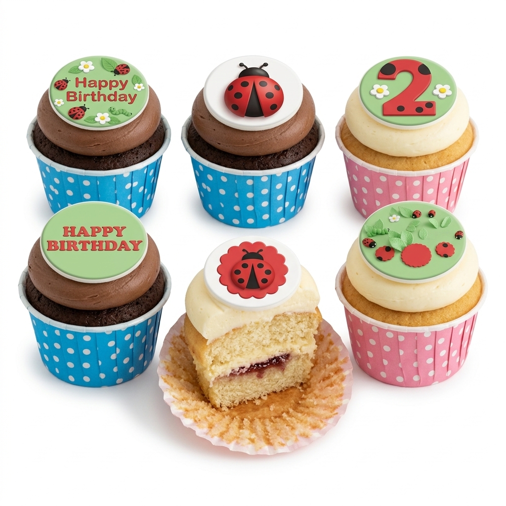 Ladybug Birthday Cupcakes with Custom Age Toppers