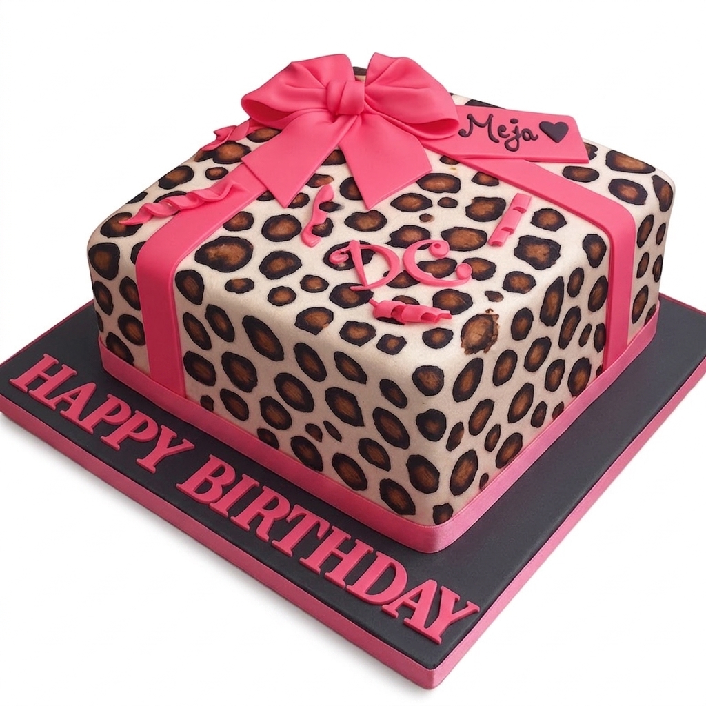 Leopard Print Gift Box Birthday Cake for Her