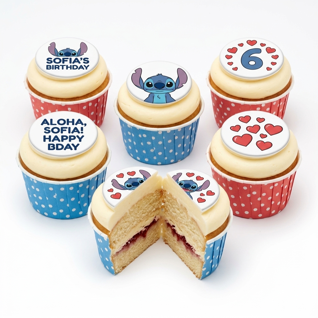 Stitch Birthday Cupcakes with Custom Toppers