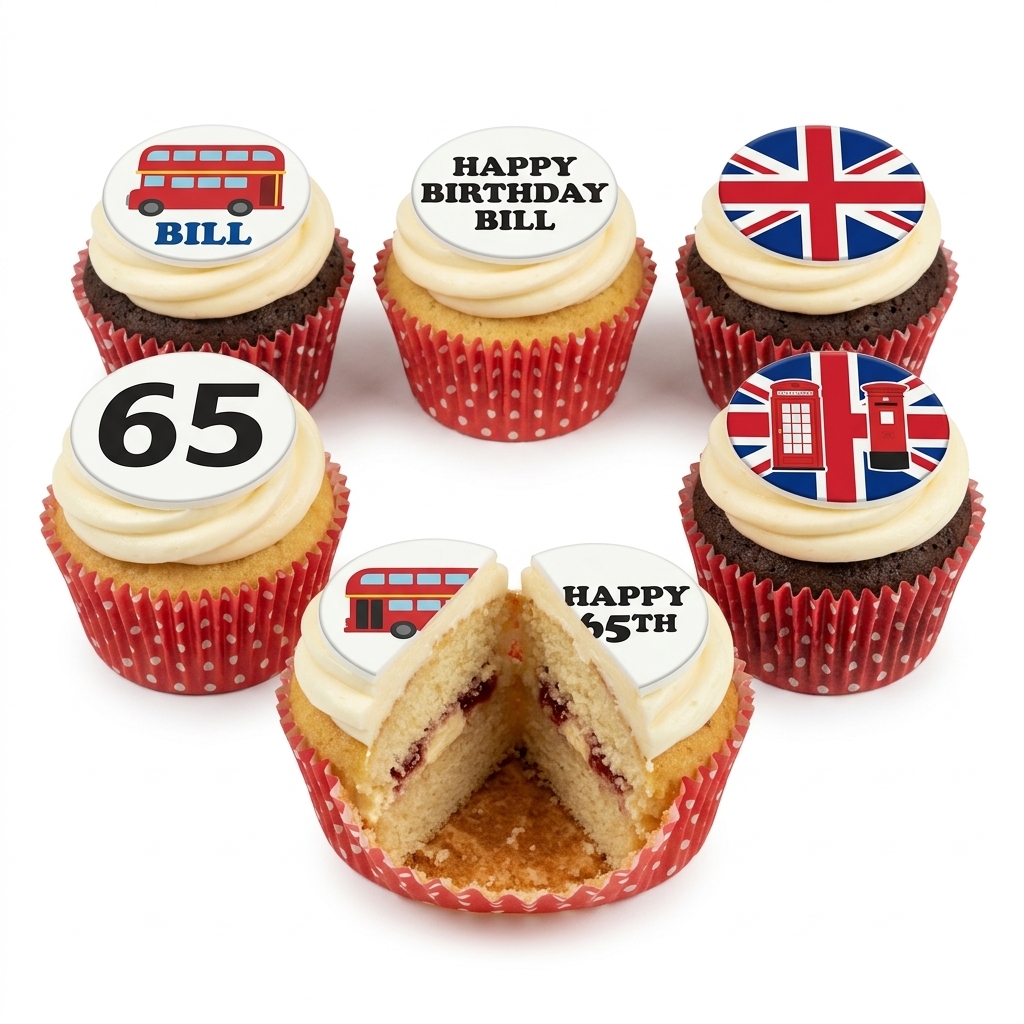 London Theme Birthday Cupcakes with Custom Age Toppers