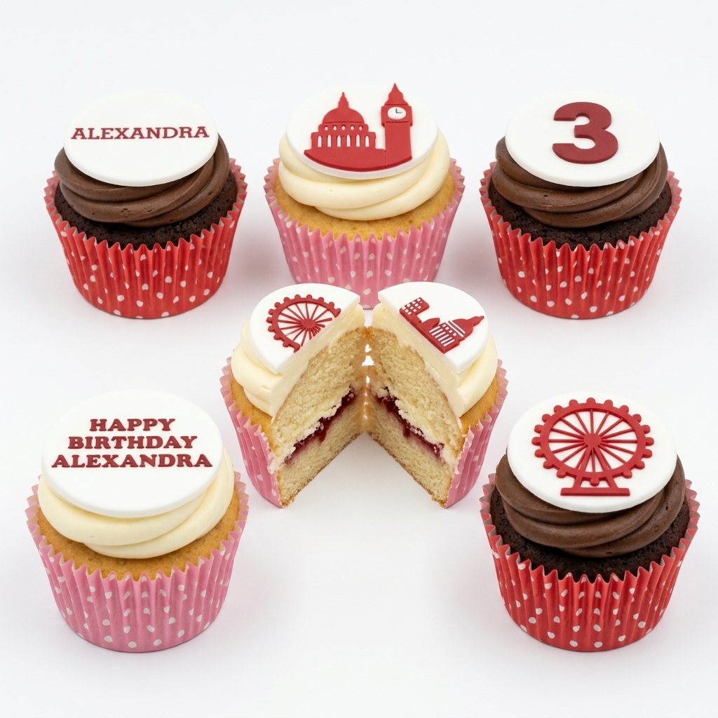 London Theme Birthday Cupcakes with Custom Age & Name