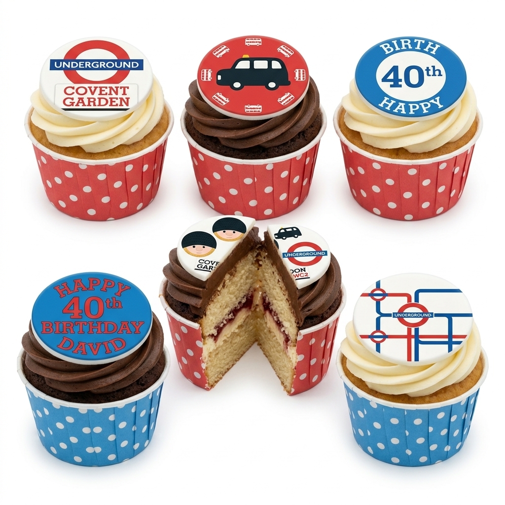London Theme Birthday Cupcakes with Custom Toppers