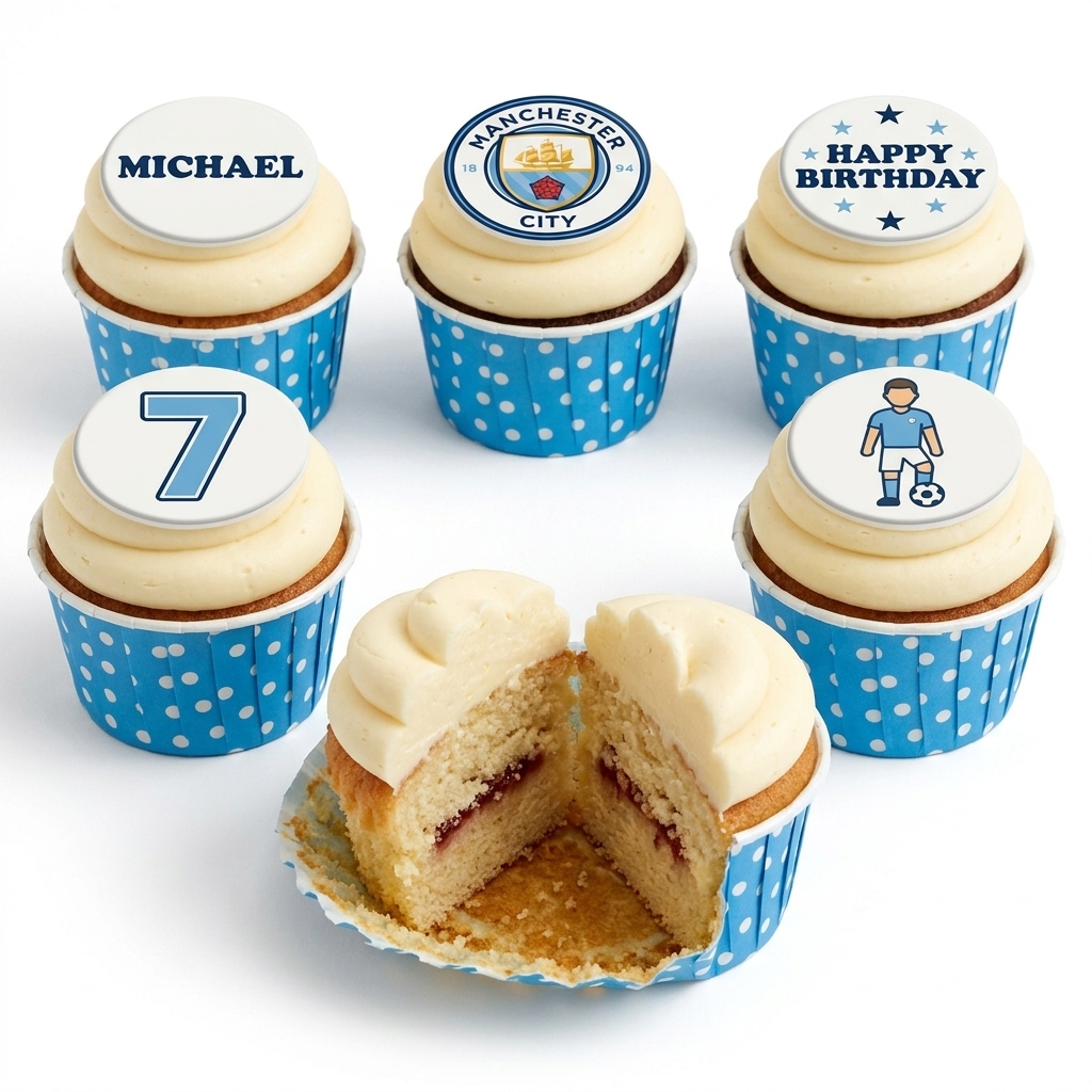 Manchester City Football Birthday Cupcakes with Custom Toppers