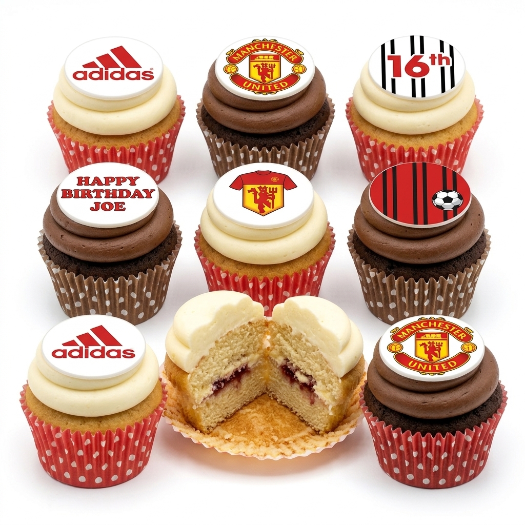 Manchester United Football Birthday Cupcakes with Custom Toppers