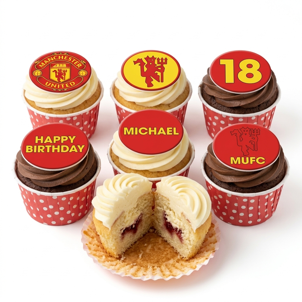 Manchester United Football Birthday Cupcakes with Custom Toppers