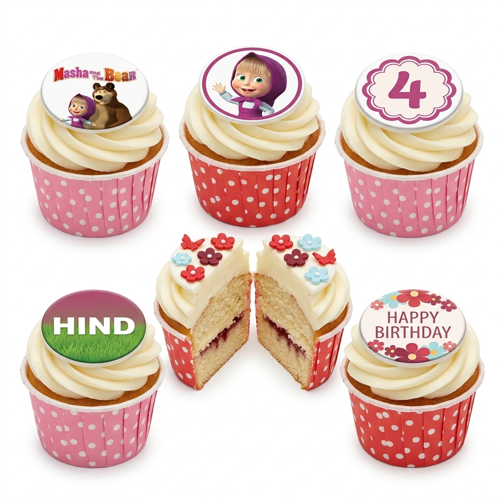 Masha and The Bear Birthday Cupcakes with Custom Toppers
