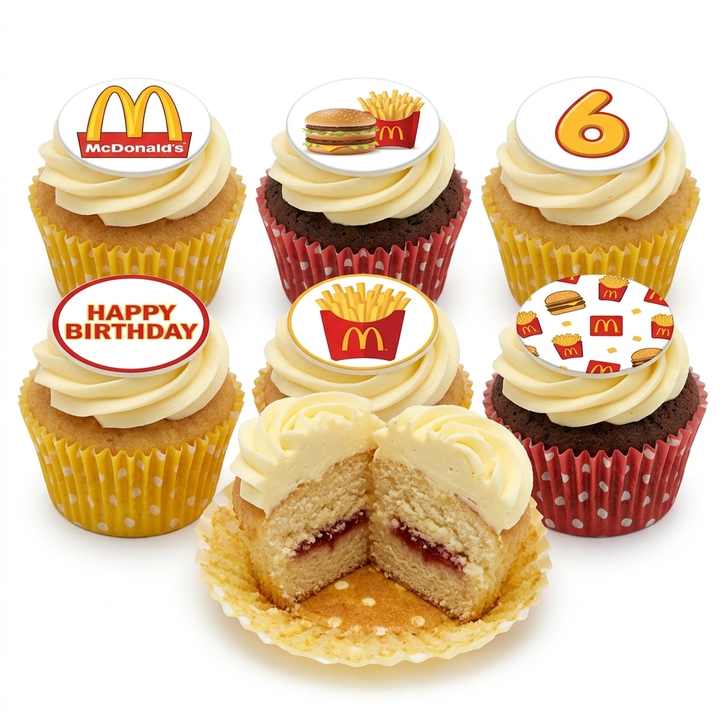 McDonald's Theme Birthday Cupcakes with Custom Age Topper