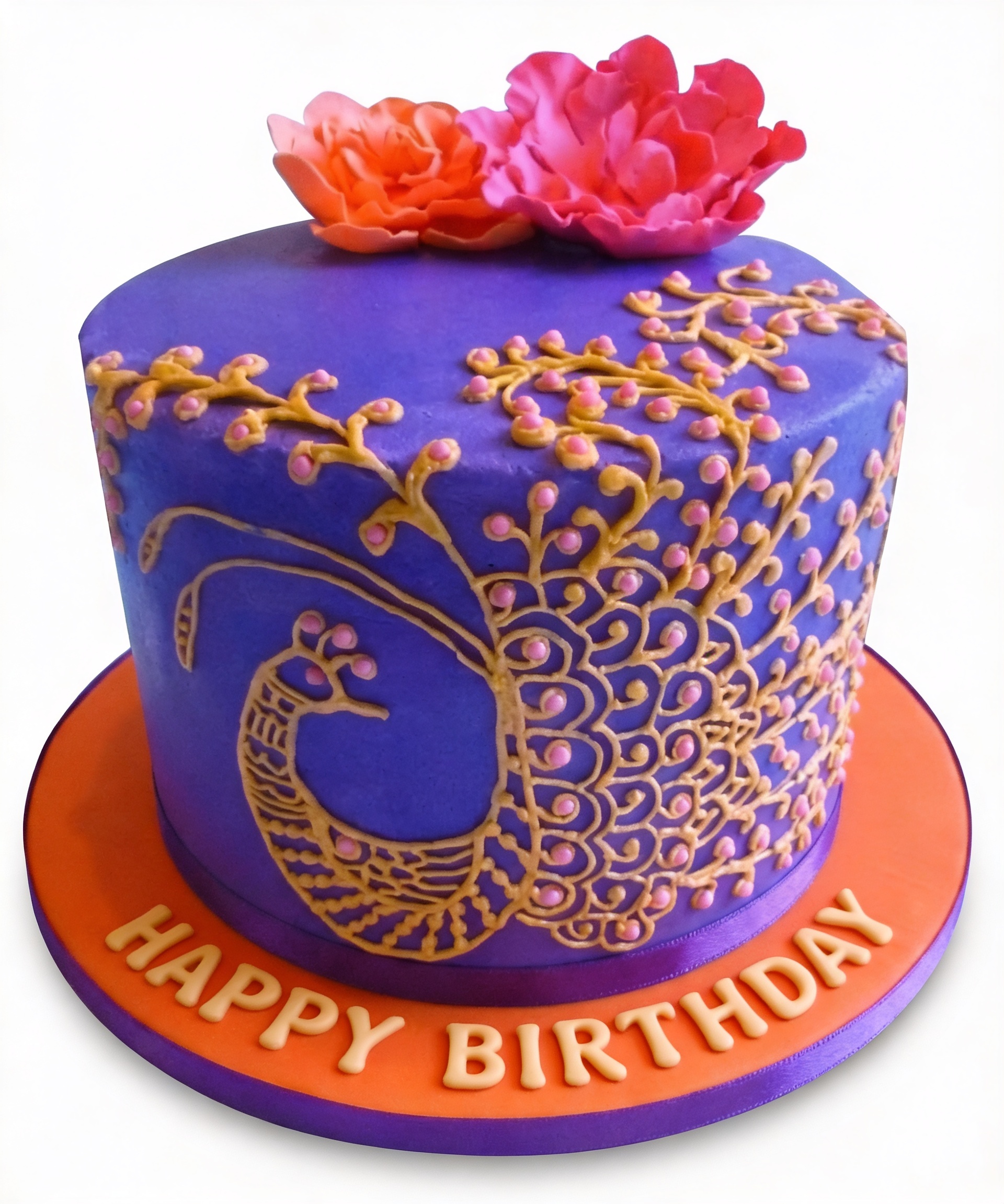 Elegant Floral Peacock Birthday Cake for Her