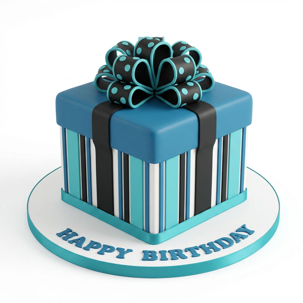 Gift Box Birthday Cake with Blue & Black Bow