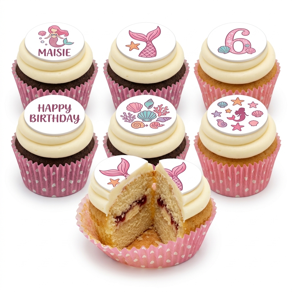 Mermaid Birthday Cupcakes for Girls with Custom Age Topper