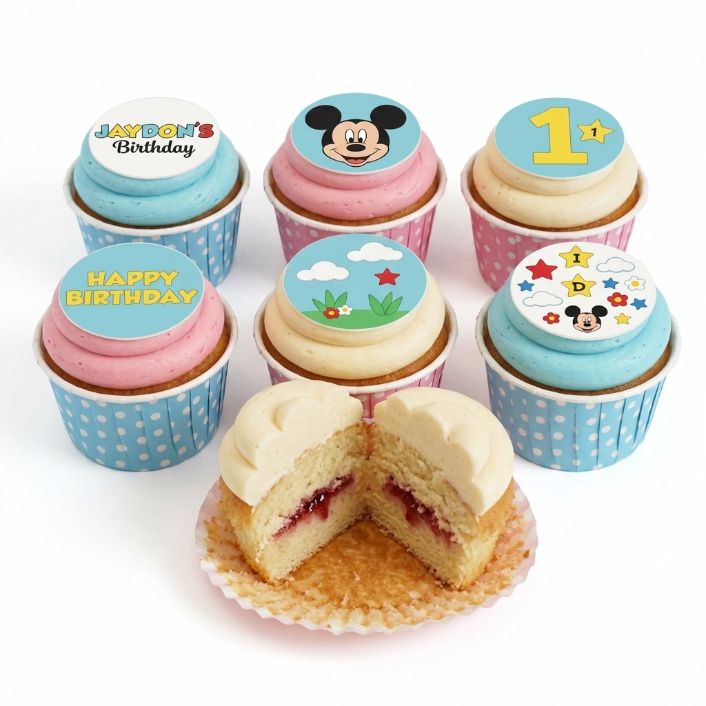 Mickey Mouse Birthday Cupcakes with Custom Toppers