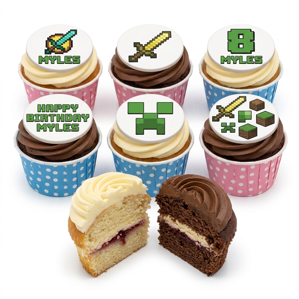 Minecraft Birthday Cupcakes with Custom Toppers