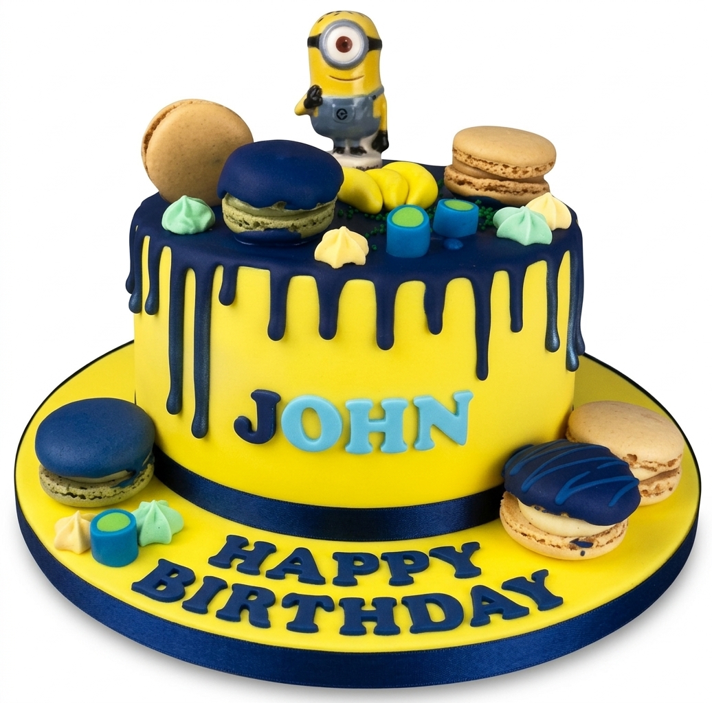 Minion Drip Birthday Cake with Macarons