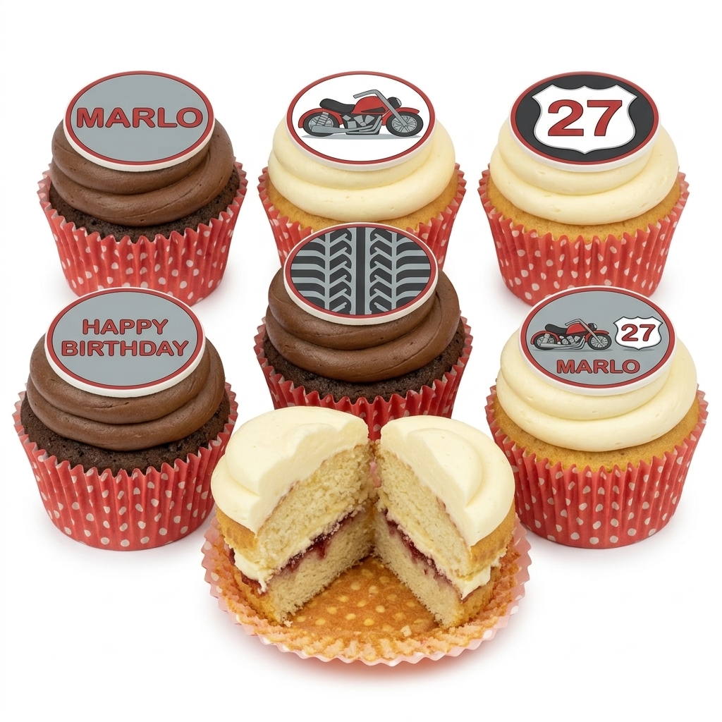 Motorcycle Theme Birthday Cupcakes with Custom Toppers