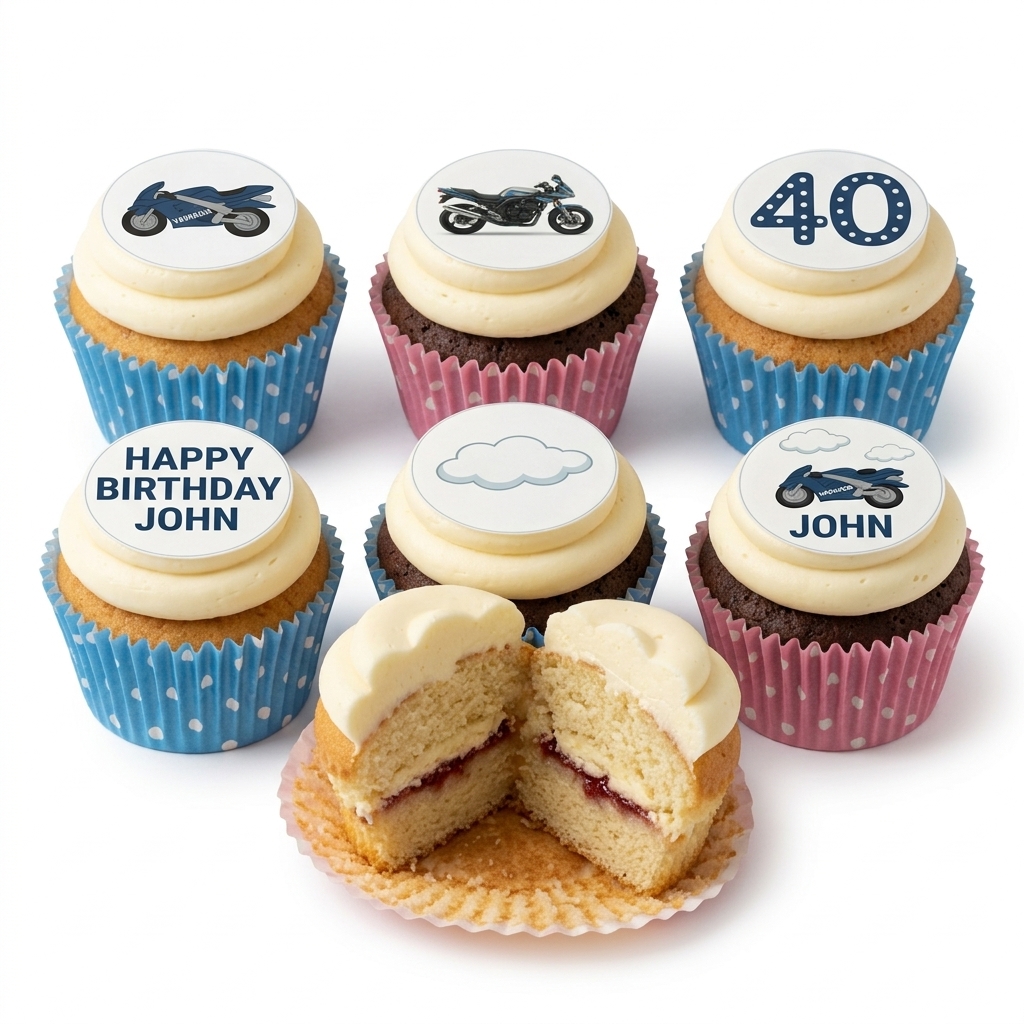 Motorbike Birthday Cupcakes with Custom Age Toppers