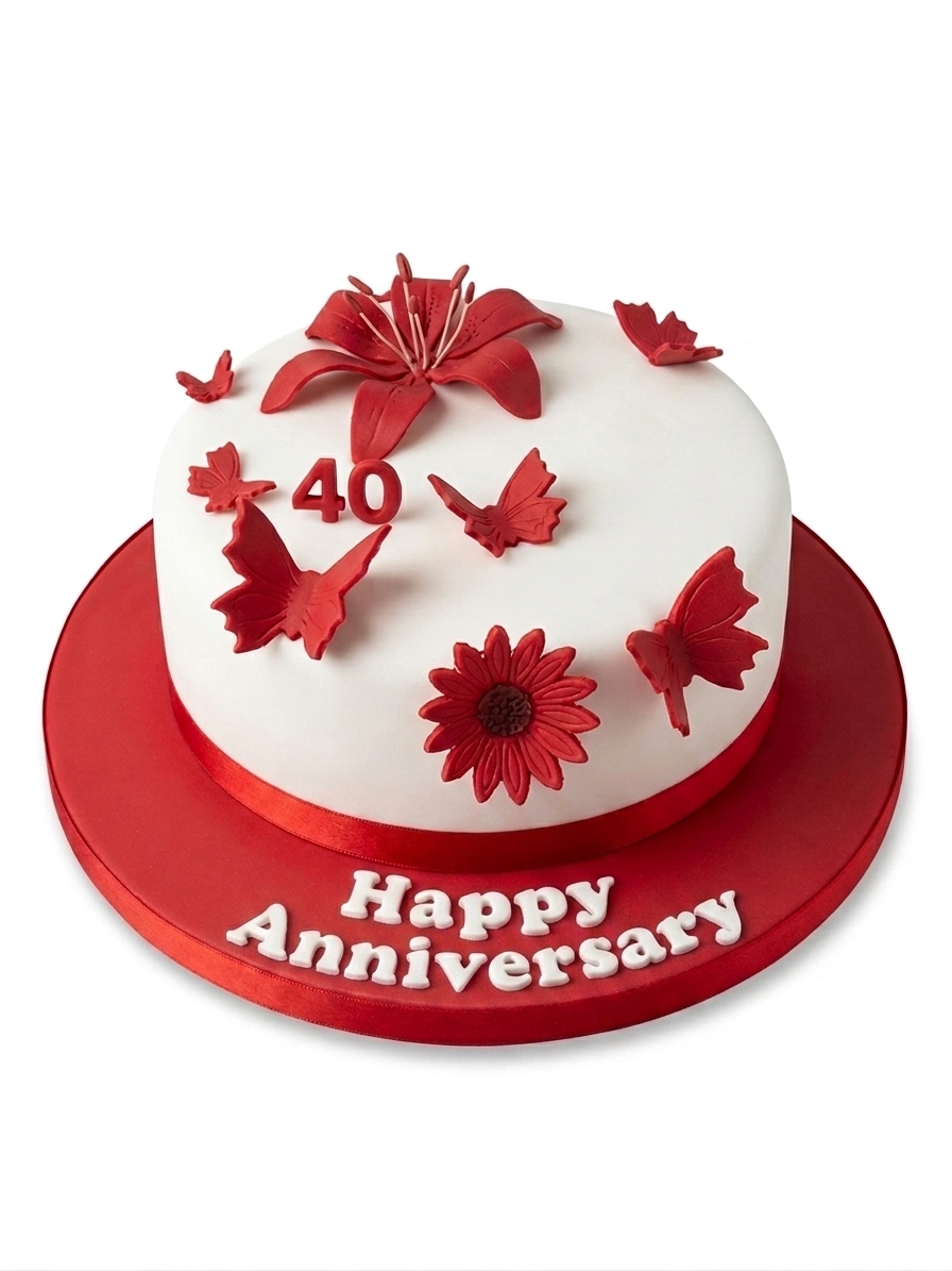 Red Floral Butterfly Anniversary Cake
