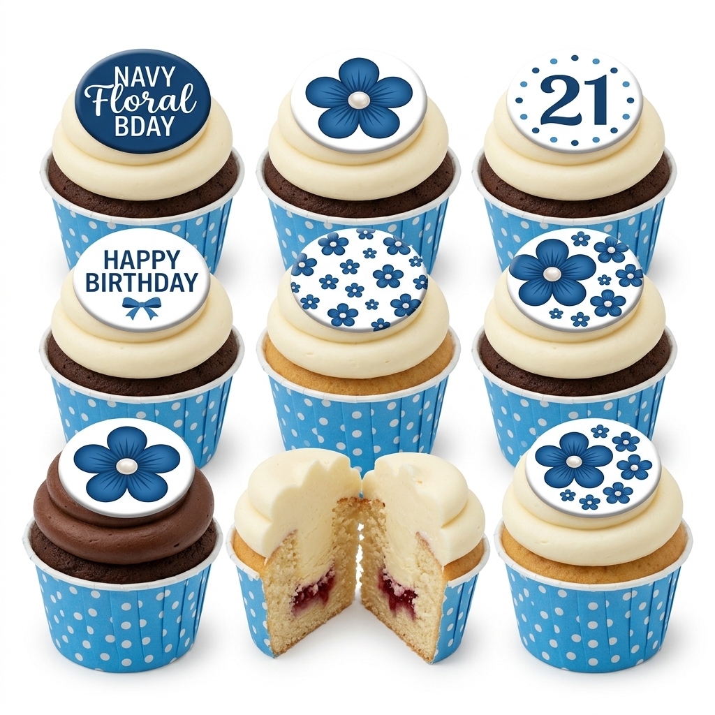 Navy Floral Birthday Cupcakes