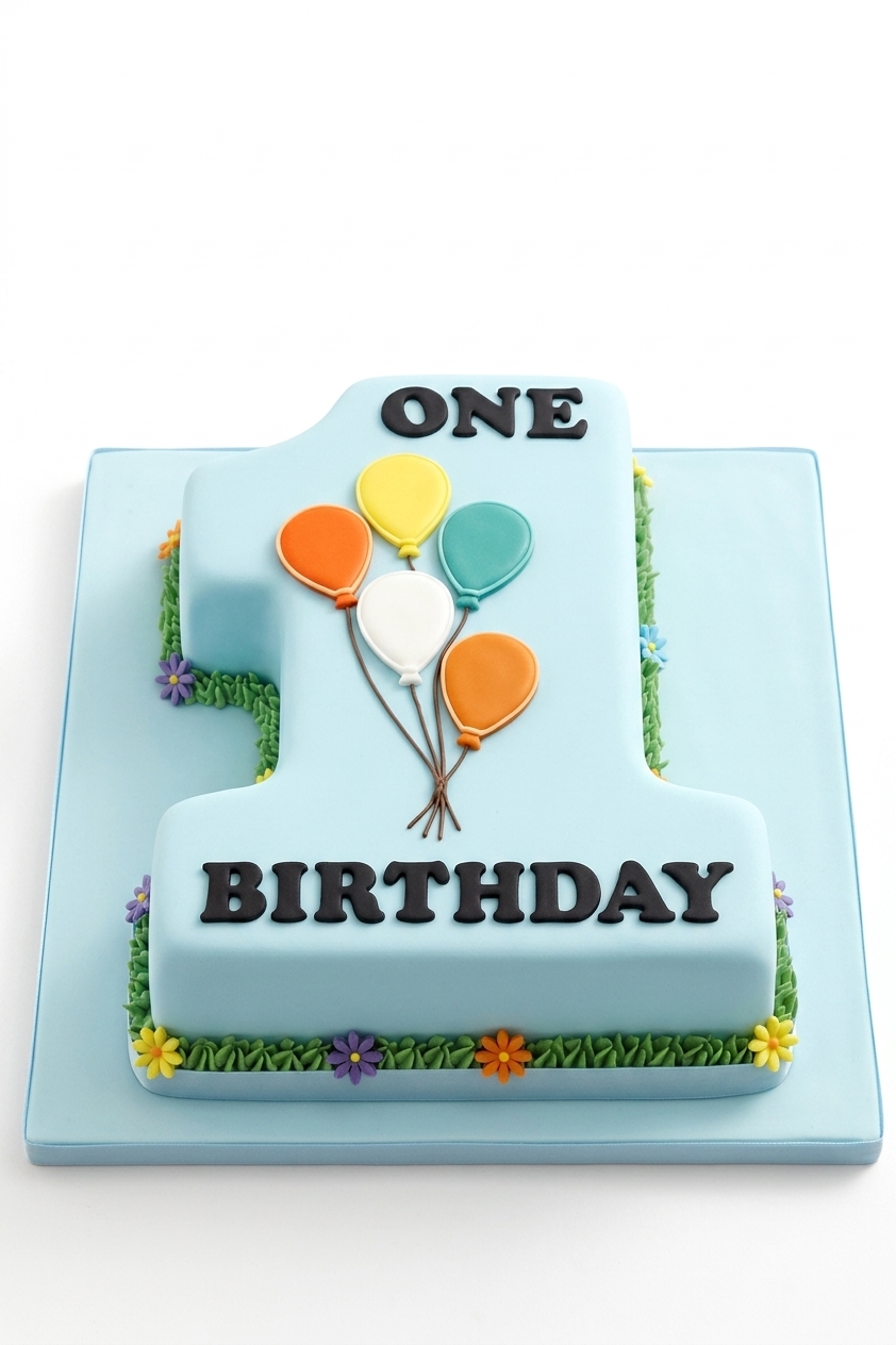 1st Birthday Balloon & Flower Number One Cake