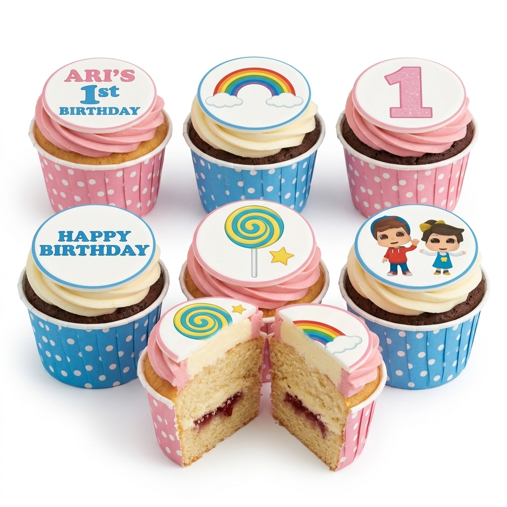 1st Birthday Cupcakes with Rainbow & Character Toppers