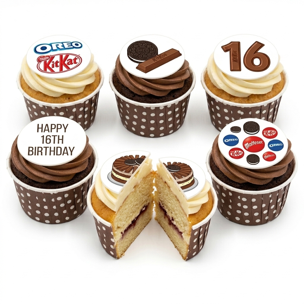 Chocolate Brand Birthday Cupcakes with Custom Age Toppers