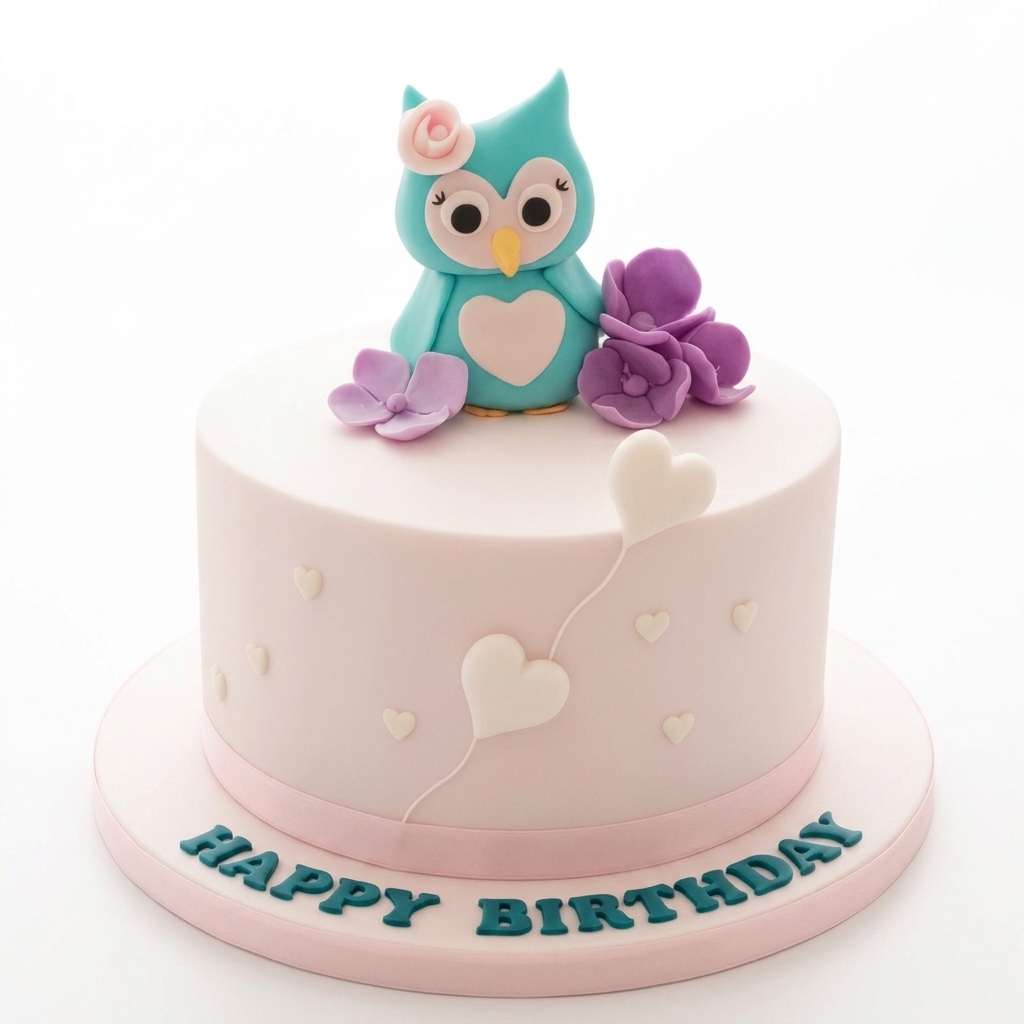 Cute Owl Birthday Cake with Flowers