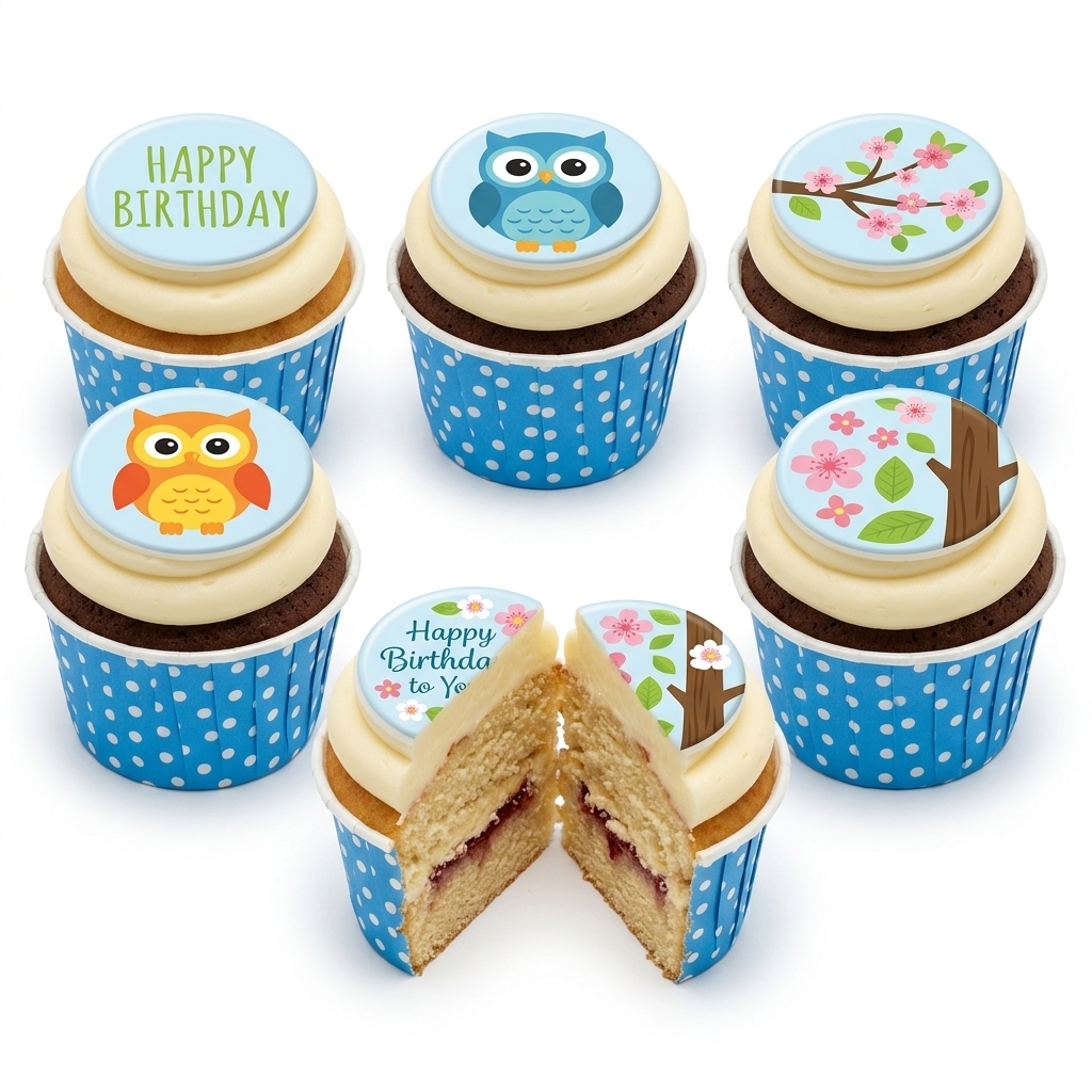 Owl & Blossom Birthday Cupcakes