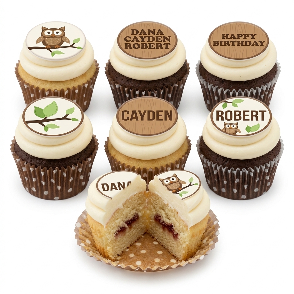 Owl Theme Birthday Cupcakes with Personalised Toppers