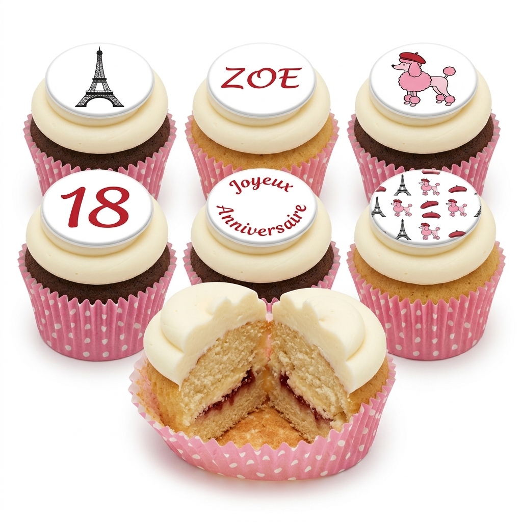 Paris Theme Birthday Cupcakes with Personalised Toppers