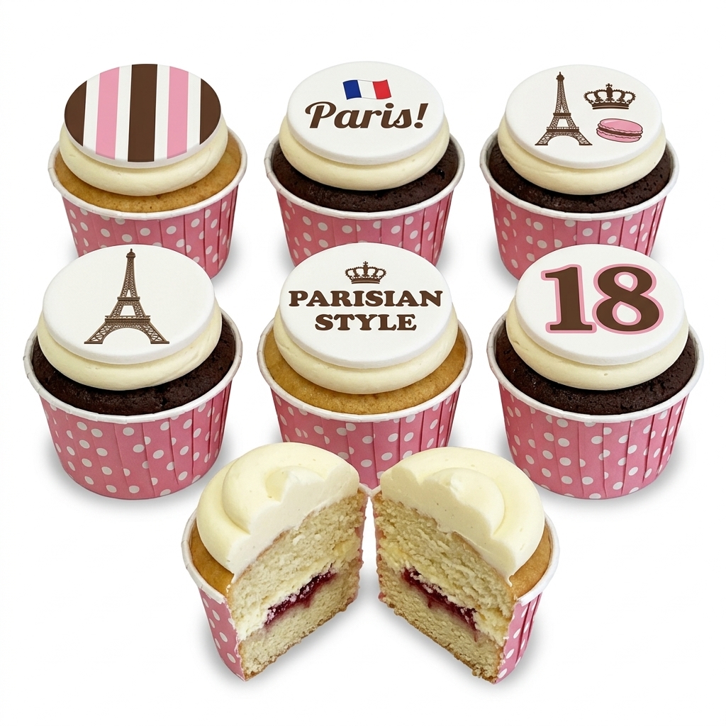Parisian Birthday Cupcakes with Custom Age Toppers