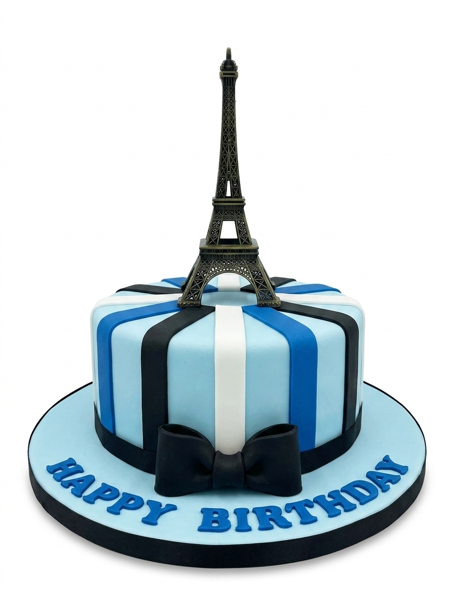Paris Theme Birthday Cake with Eiffel Tower Topper