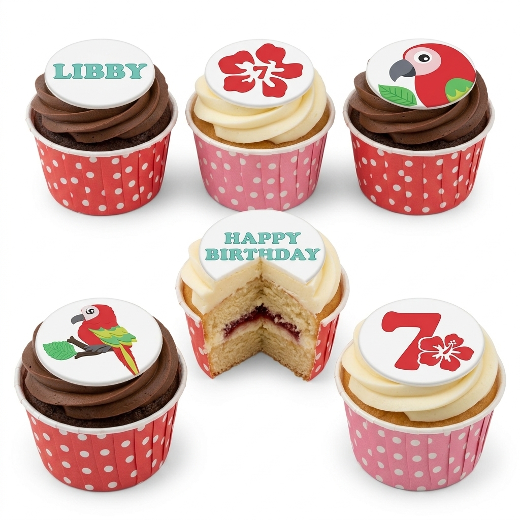 Tropical Theme Birthday Cupcakes with Personalised Toppers