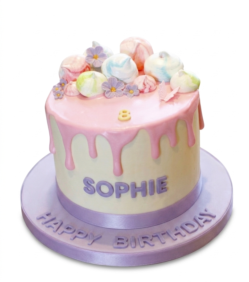 Girls Pastel Drip Birthday Cake with Meringue Kisses