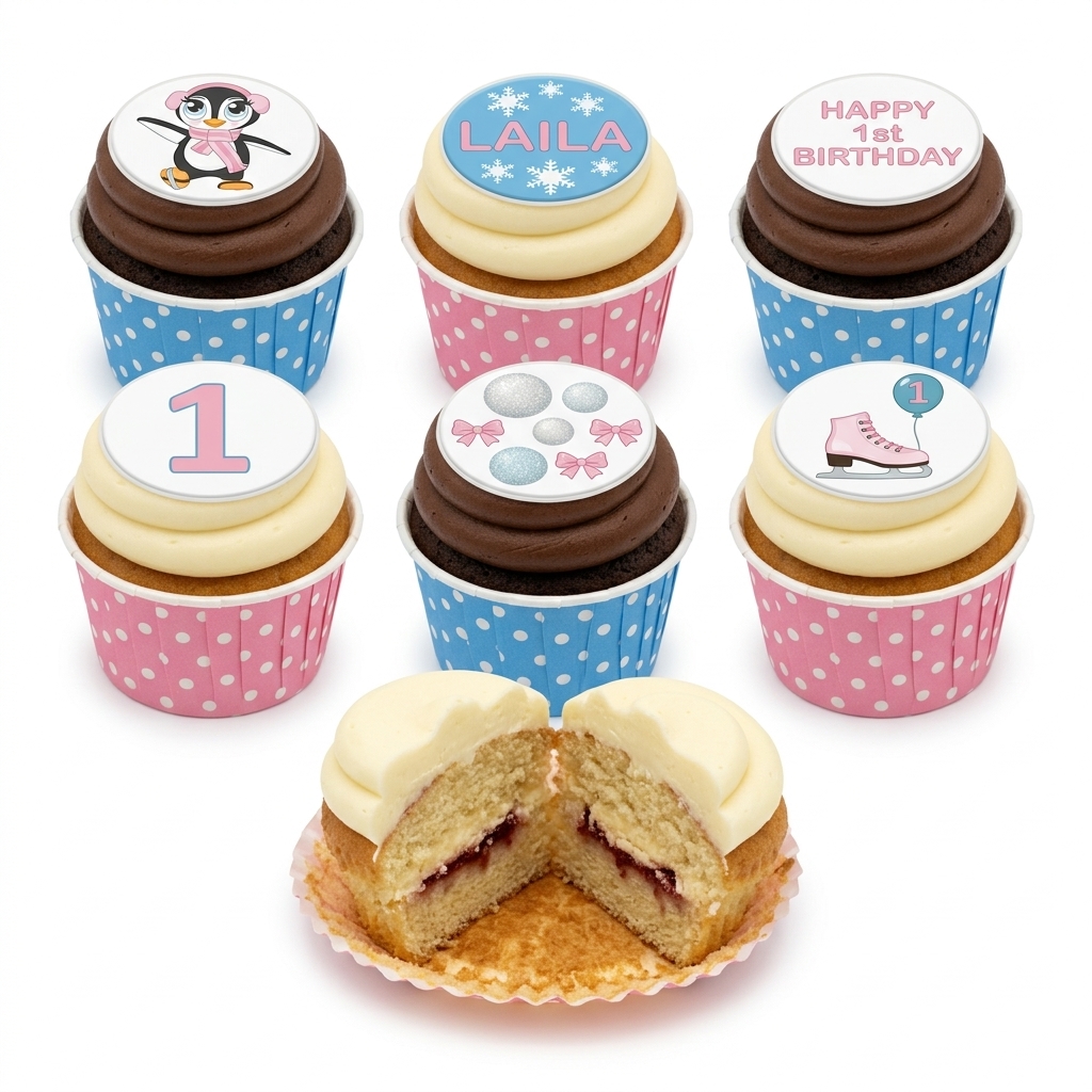 Girls 1st Birthday Cupcakes with Penguin & Ice Skate