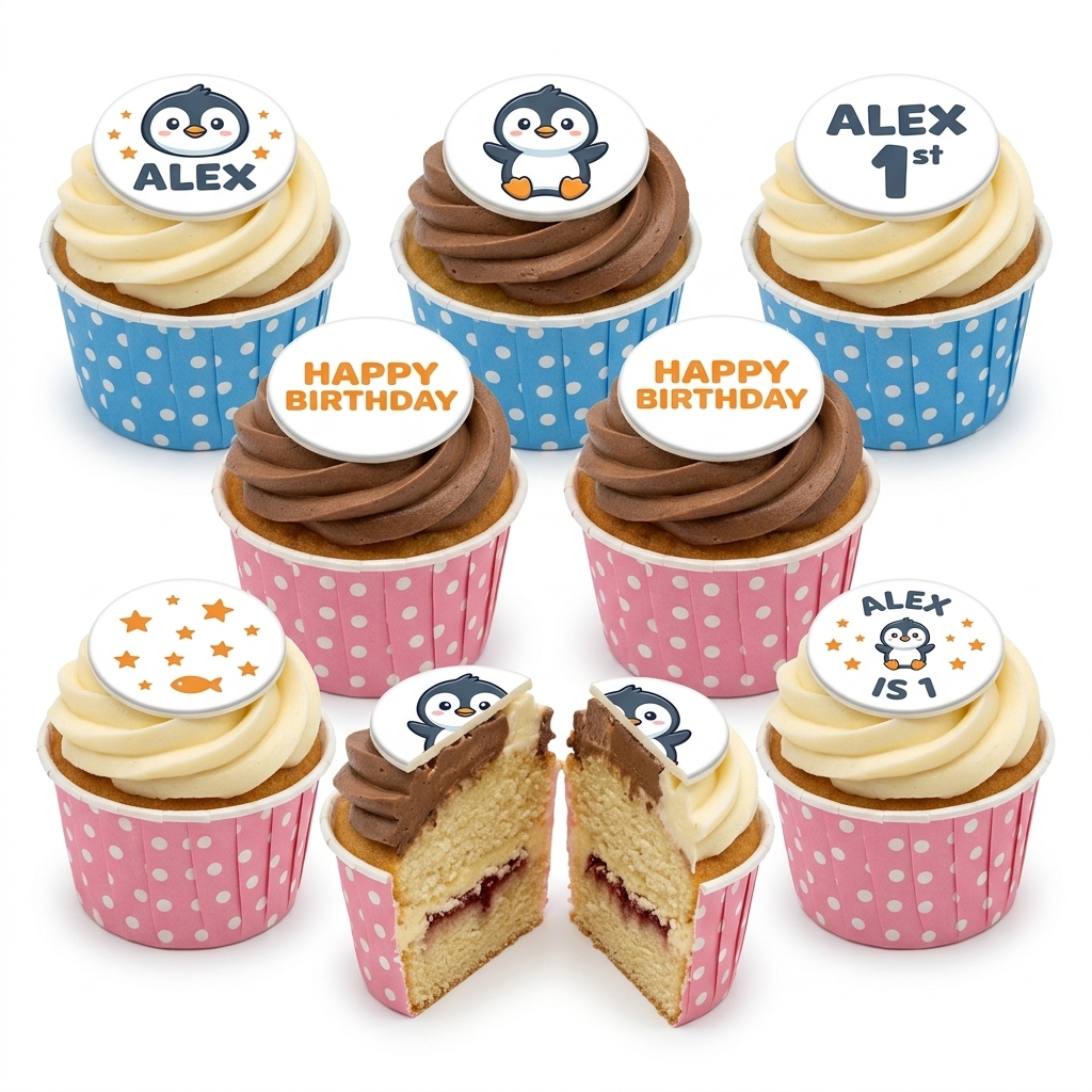 Cute Penguin Birthday Cupcakes with Custom Toppers