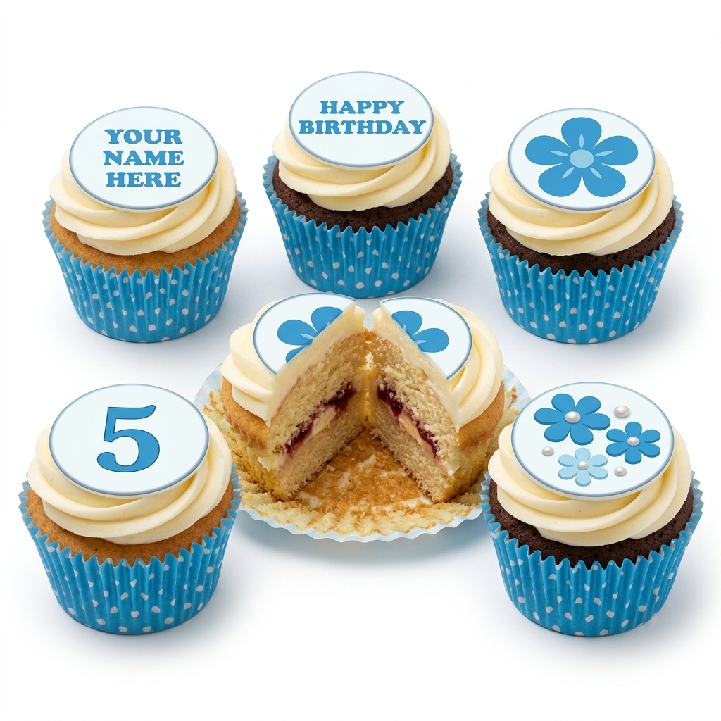 Blue Floral Birthday Cupcakes with Custom Toppers