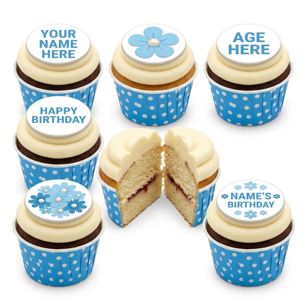 Blue Floral Birthday Cupcakes with Custom Toppers