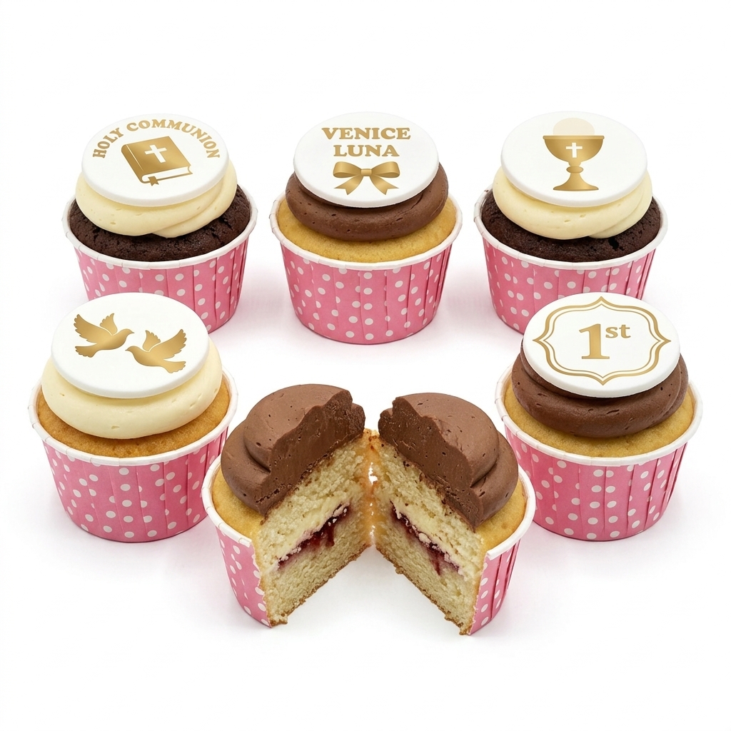 Holy Communion Cupcakes with Custom Toppers