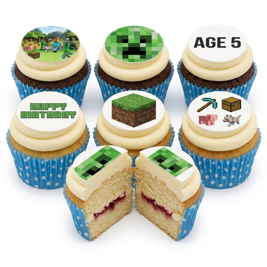 Minecraft Theme Birthday Cupcakes with Custom Age Toppers