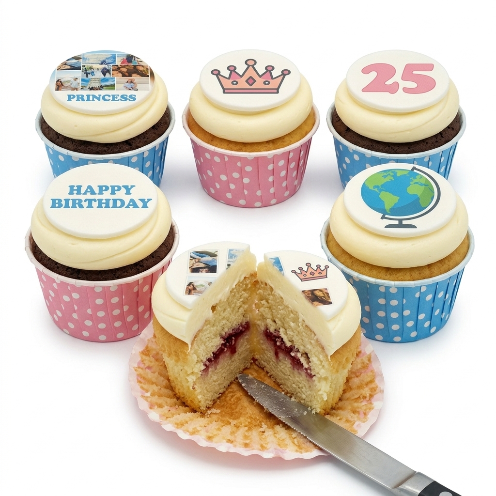 Personalised Birthday Cupcakes with Photo & Custom Toppers